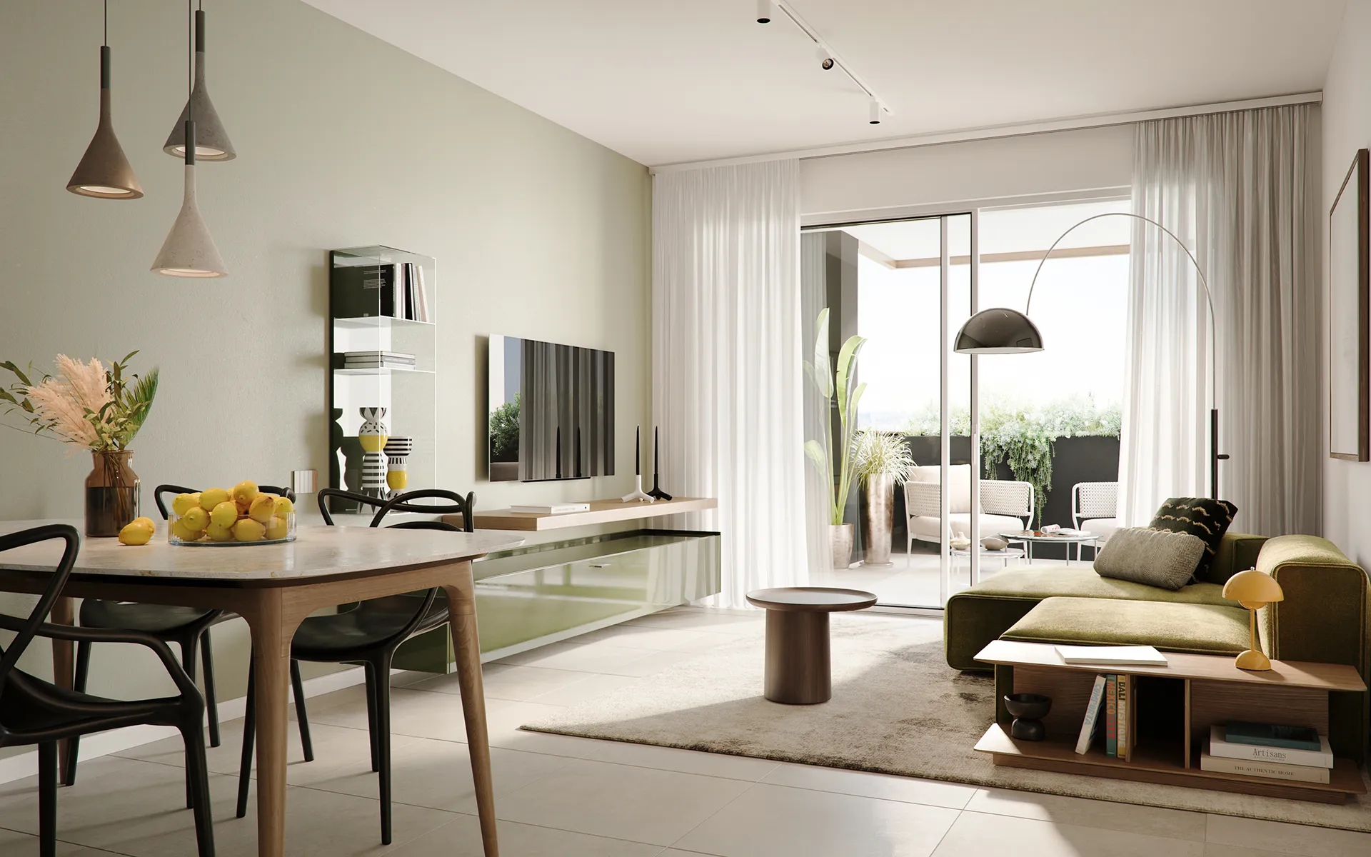 Interior design contemporaneo in soggiorno con arredi eleganti, tonalità neutre e luce naturale filtrata da ampie vetrate