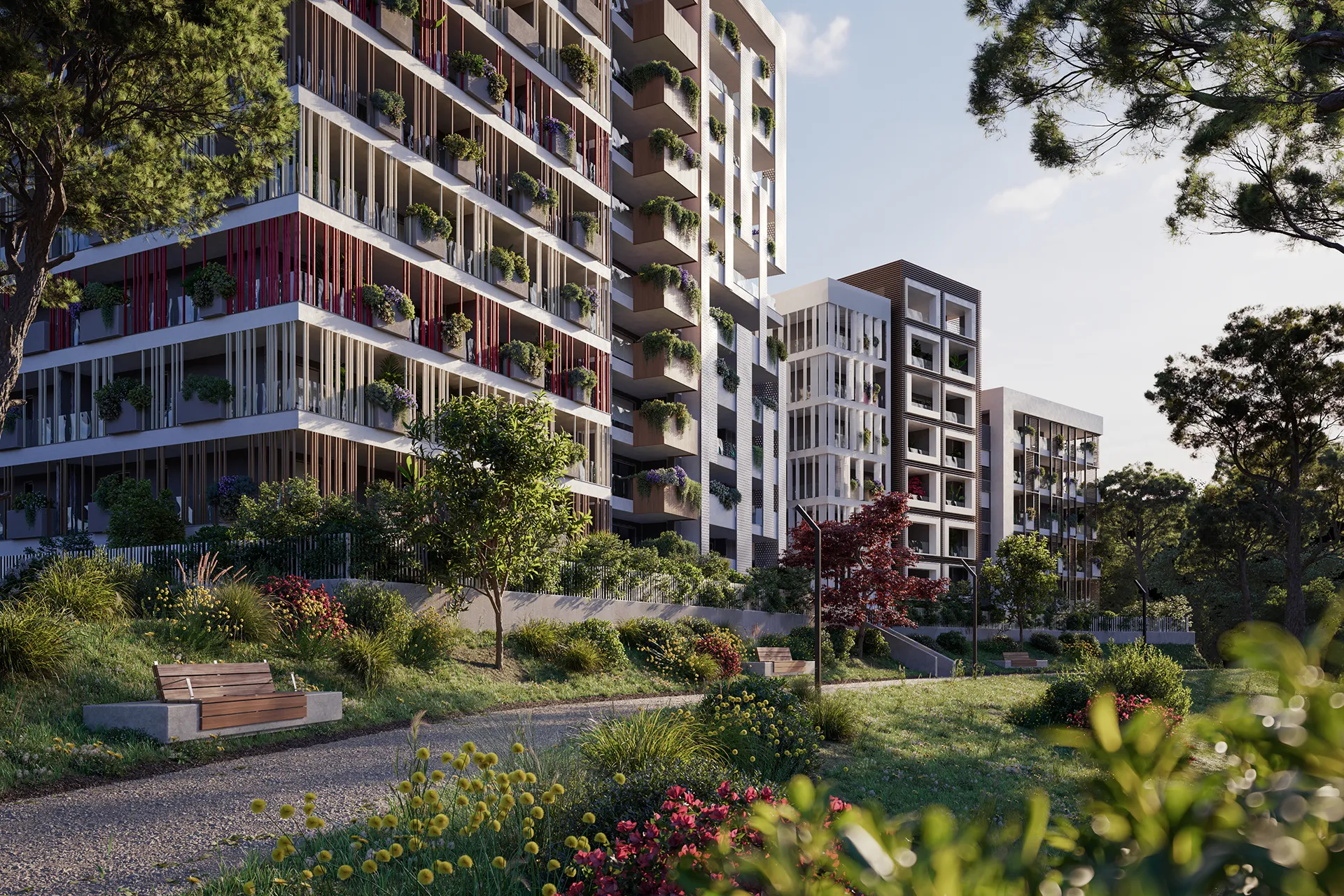 Facciata del complesso Cromia Home a Monti della Breccia, con giochi di volumi, elementi di design e parco privato.