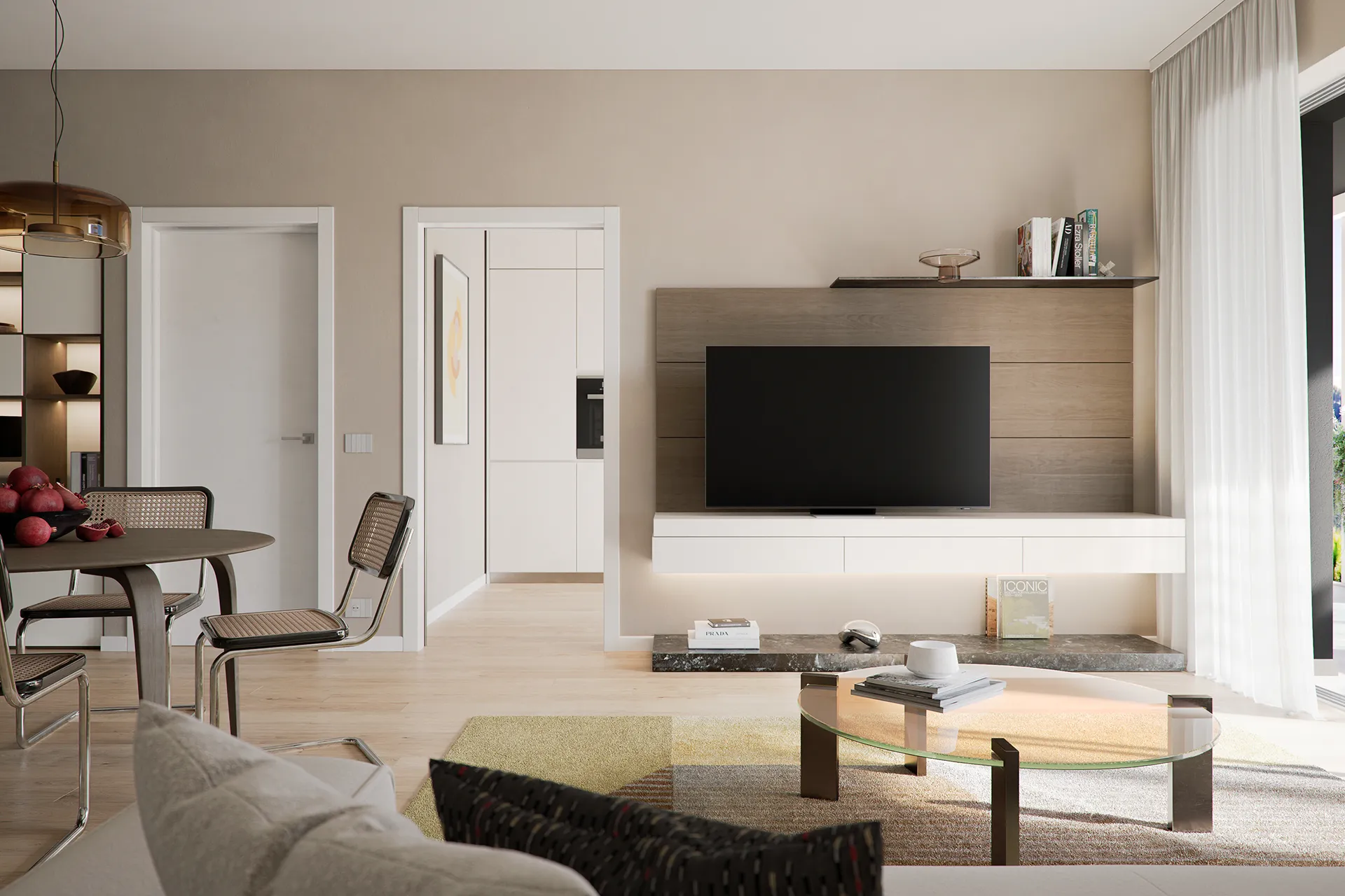 Interior design contemporaneo in soggiorno con arredi eleganti, tonalità neutre e luce naturale filtrata da ampie vetrate