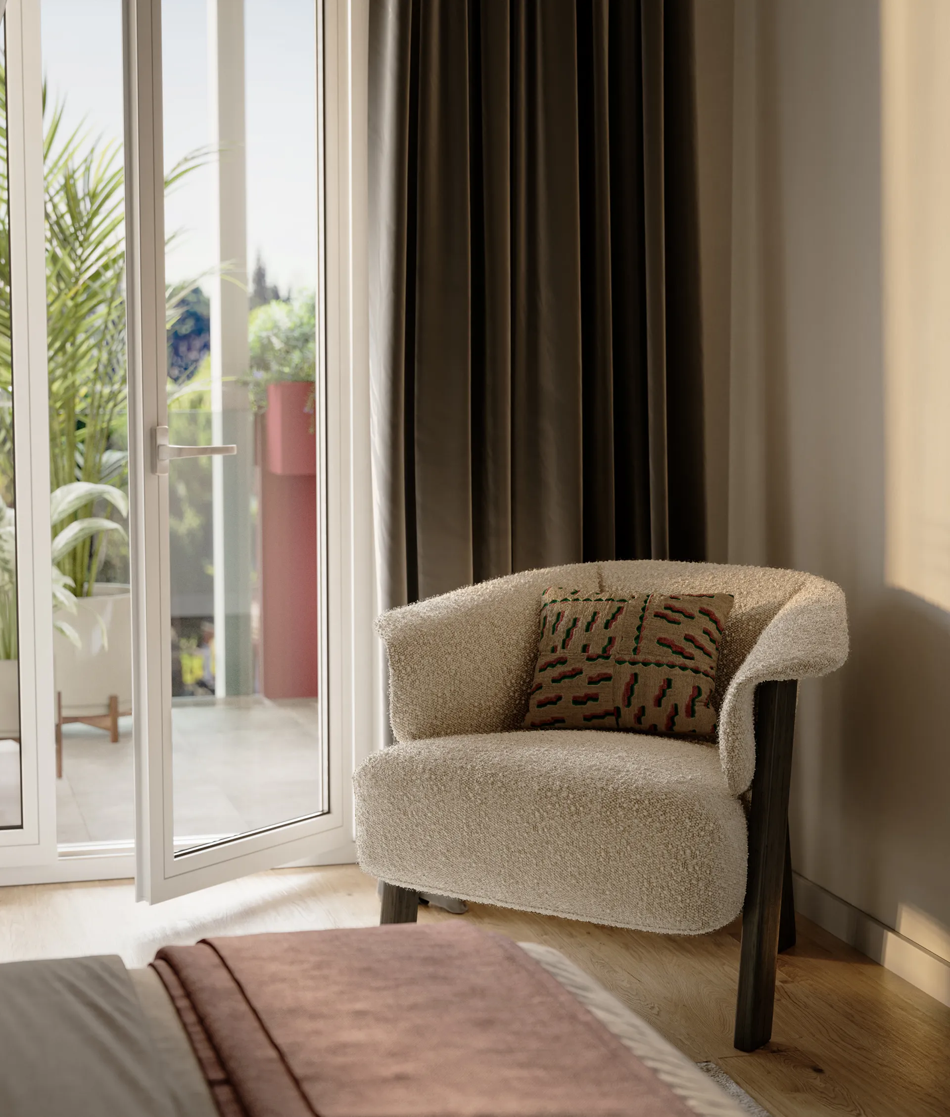 Poltrona moderna in tessuto bouclé beige per camera da letto, con struttura in legno. arredamento elegante e confortevole