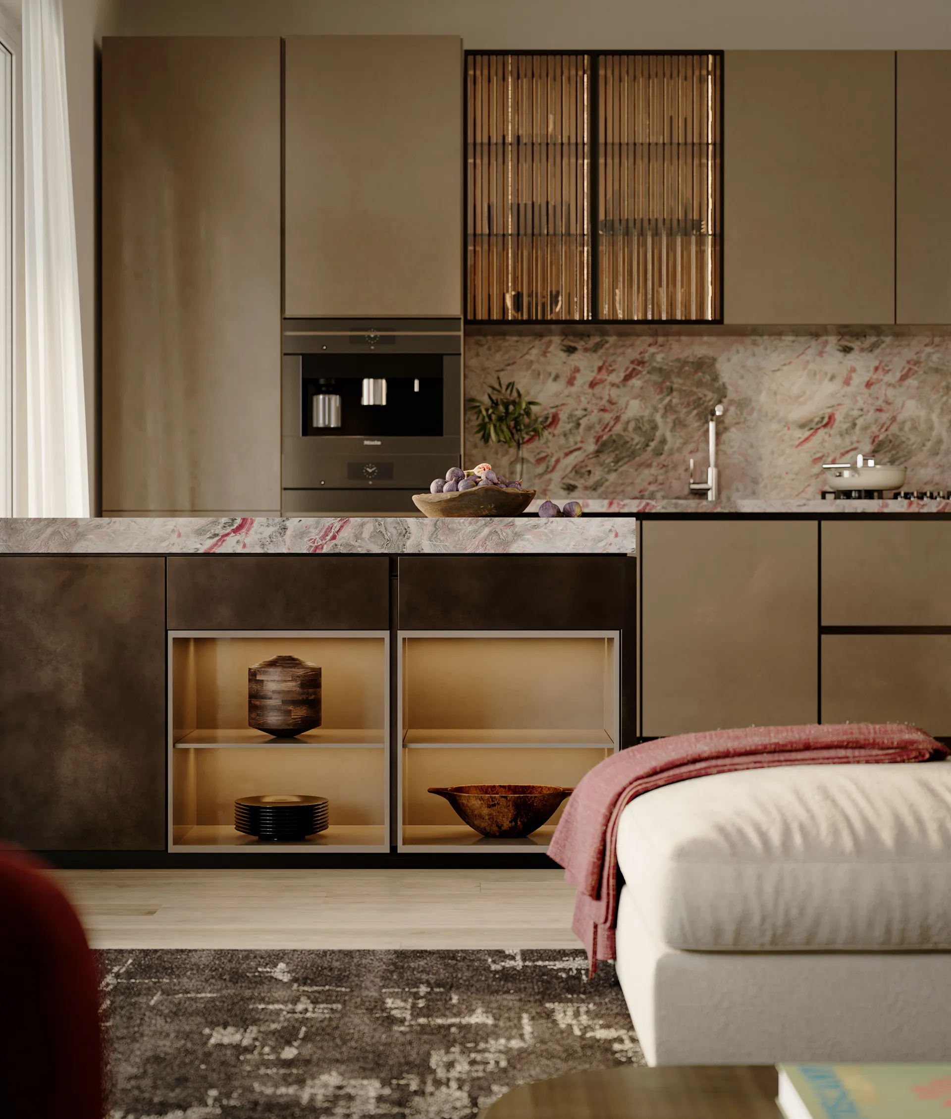 Cucina moderna con mobili color tortora, piano in marmo con venature rosa, pensili a vetrina e nicchie retroilluminate per un look sofisticato