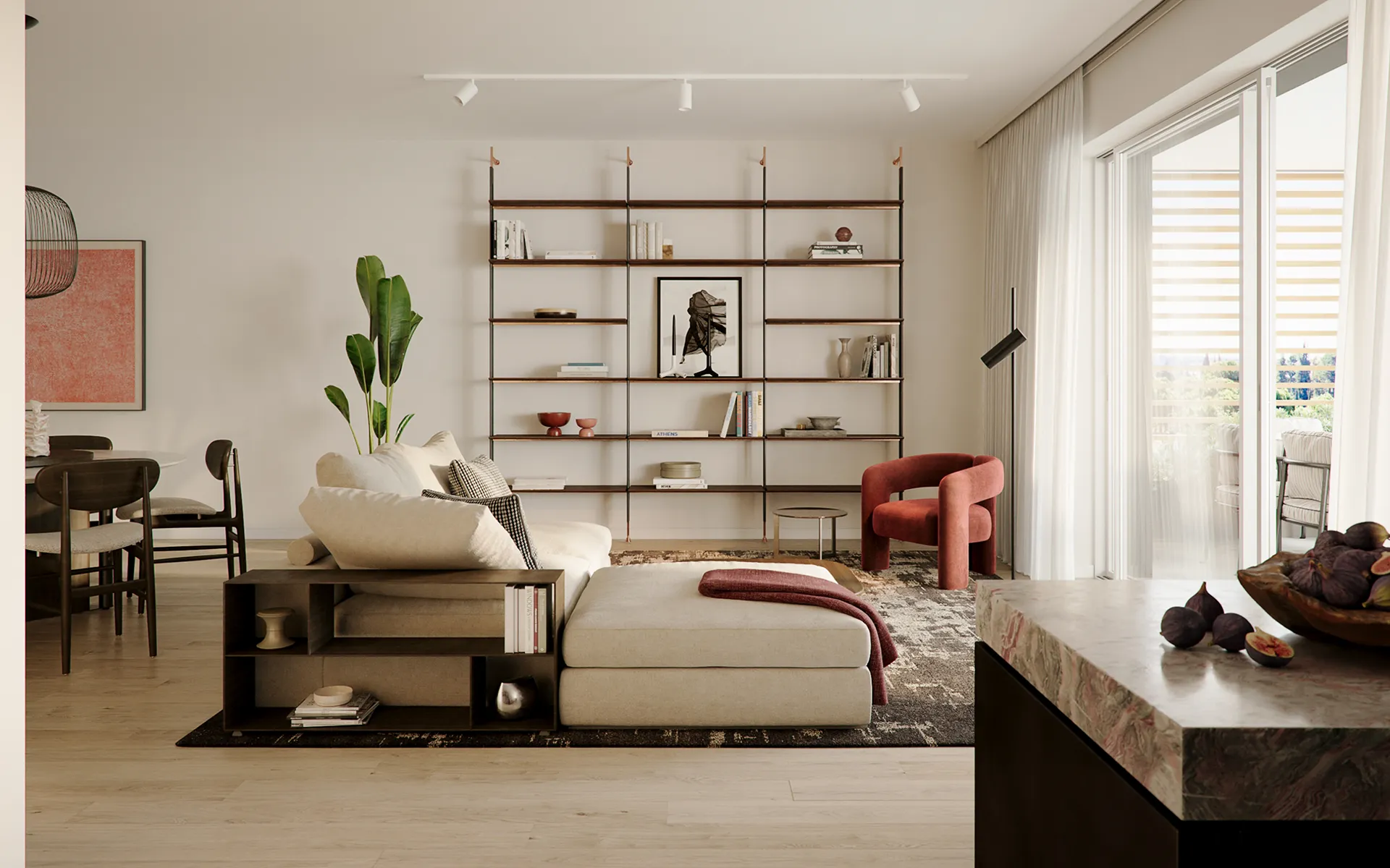 Interior design contemporaneo in soggiorno con arredi eleganti, tonalità neutre e luce naturale filtrata da ampie vetrate 