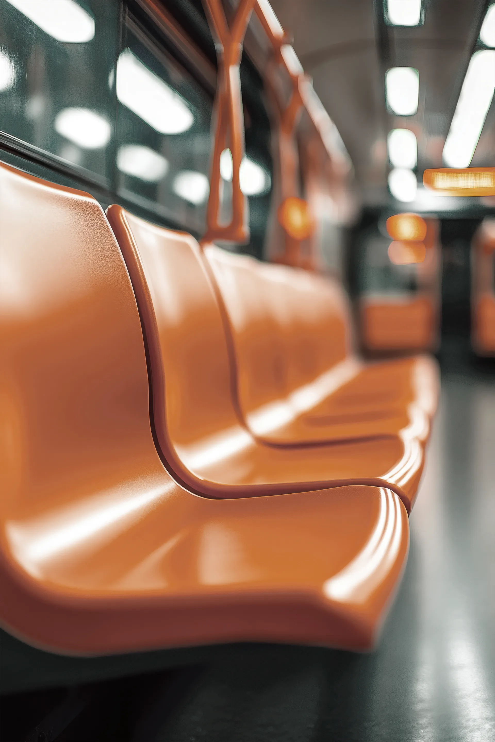 Sedili arancioni vuoti in una carrozza della metropolitana, simbolo di trasporto pubblico urbano e mobilità sostenibile