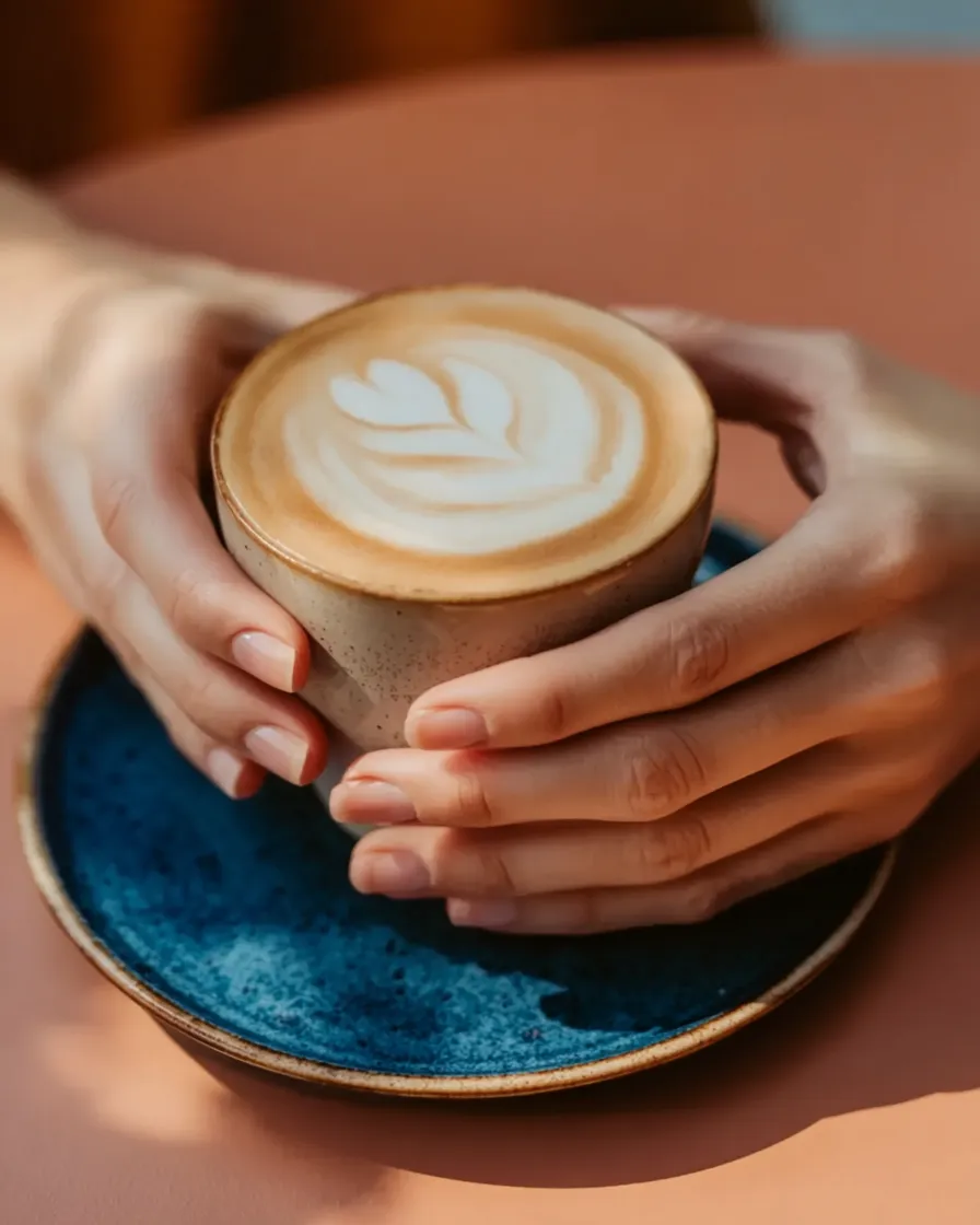 Mani che tengono una tazza di cappuccino con latte art su piattino blu, atmosfera accogliente in una caffetteria artigianale